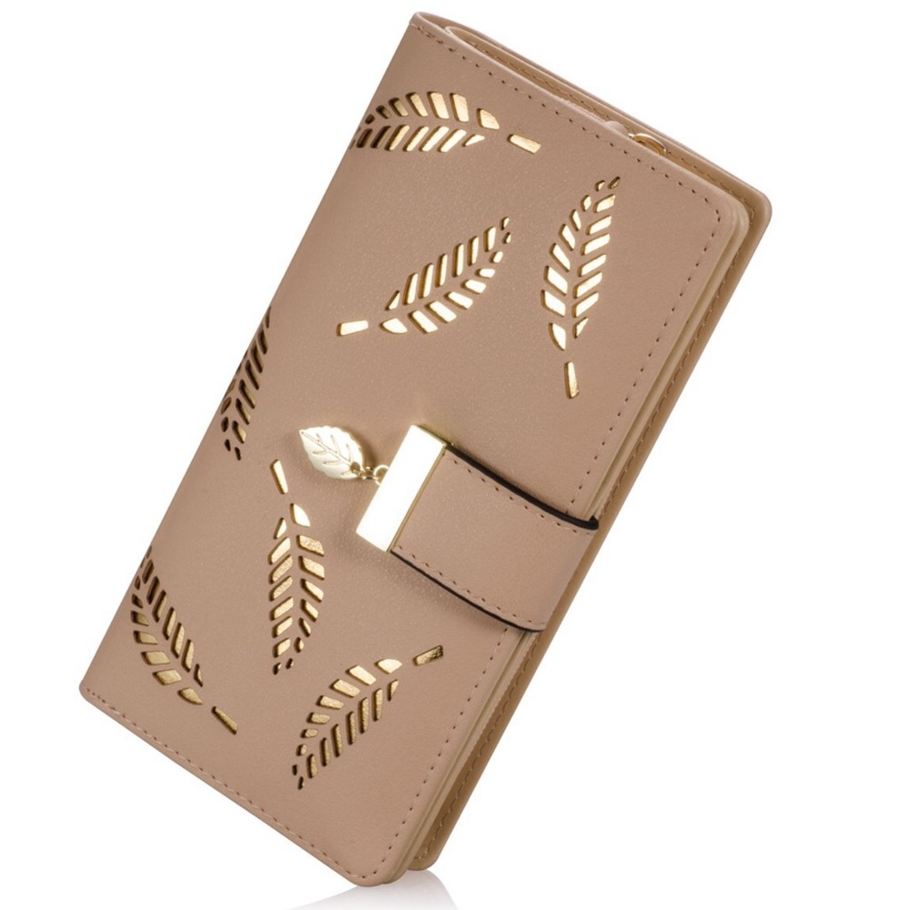 Tan women’s wallet leaf embellishments